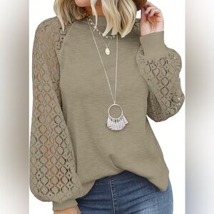 MIHOLL Women’s Long Sleeve Top Lace Casual Loose Blouse in Khaki Color - Size L